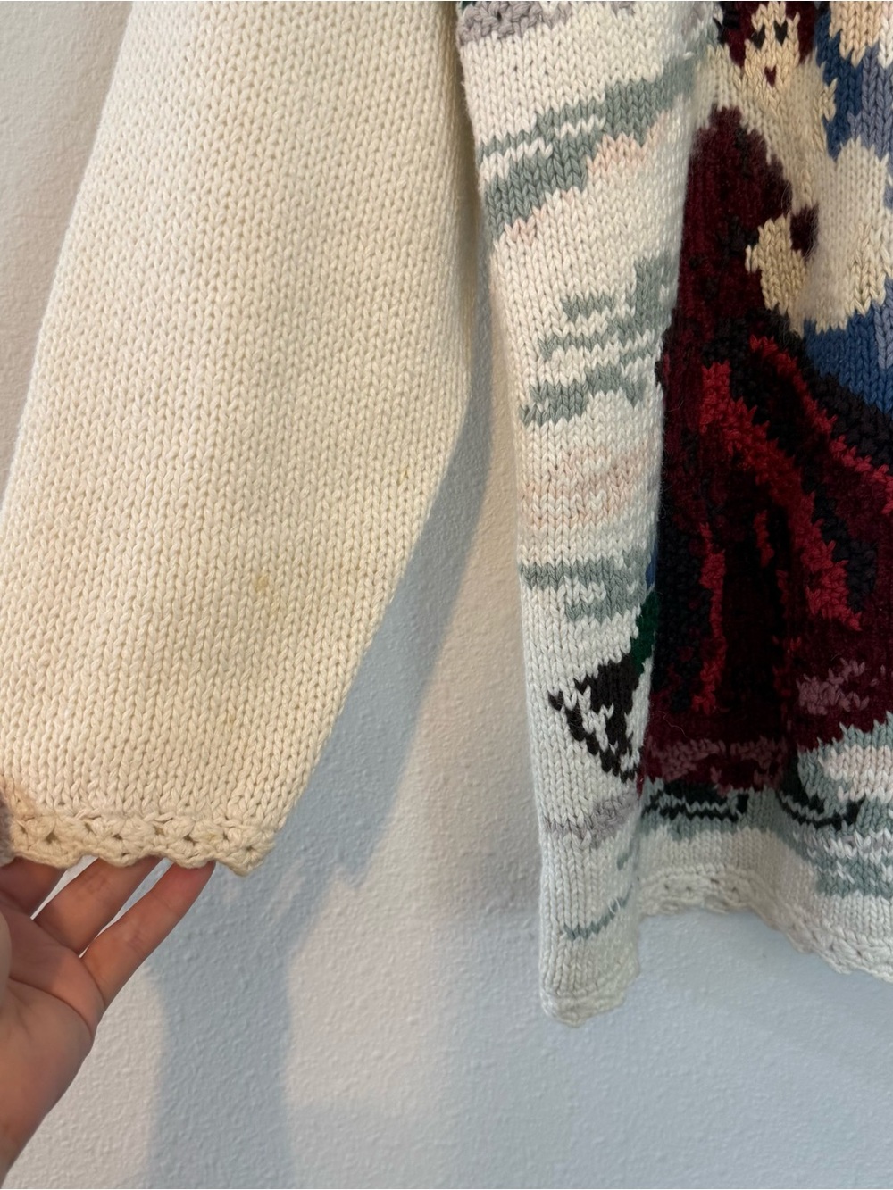 Newport News Cream Scenic Knit Sweater with Green, Red and Brown Accents - Picture 3 of 4